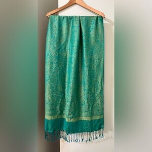 PASHMINA silk and wool blend blue yellow green paisley floral wrap or scarf